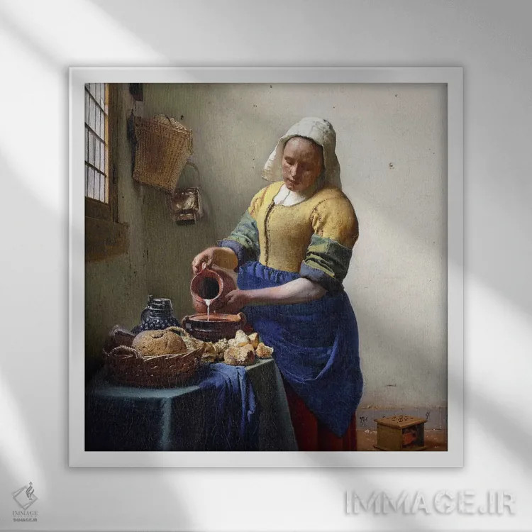 تابلو دوشنده شیر اثر یوهانس ورمیر (نقاش هلندی) - نمای قابدار سفید