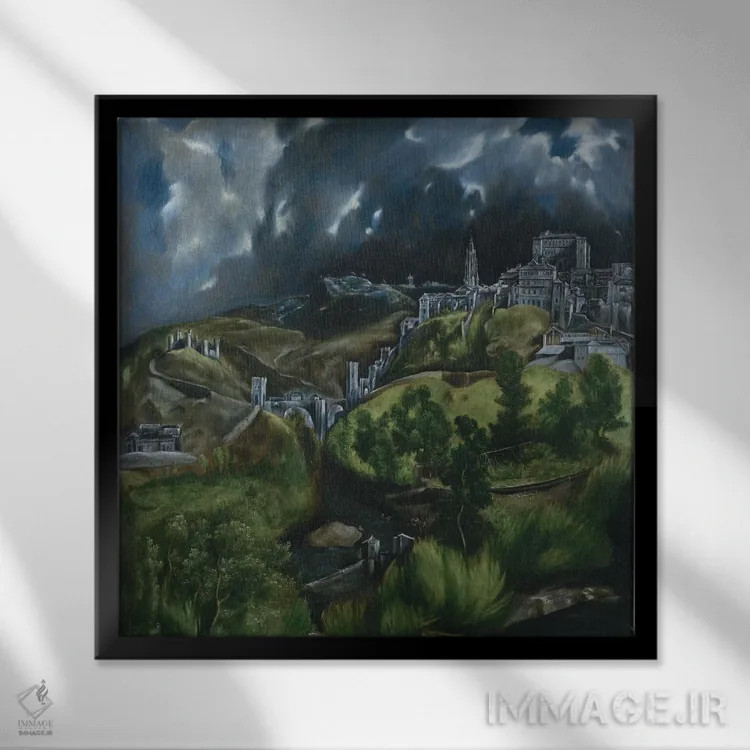 تابلو نمای تولدو، حدود ۱۵۹۷-۱۵۹۹ اثر ال گرکو (نقاش یونانی-اسپانیایی) - نمای قابدار مشکی