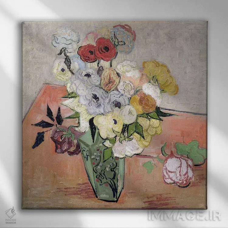 تابلو گلدان ژاپنی با رز و شقایق، ۱۸۹۰ اثر ونسان ون گوگ (نقاش مشهور هلندی پستامپرسیونیسم) - نمای روبهرو روی دیوار