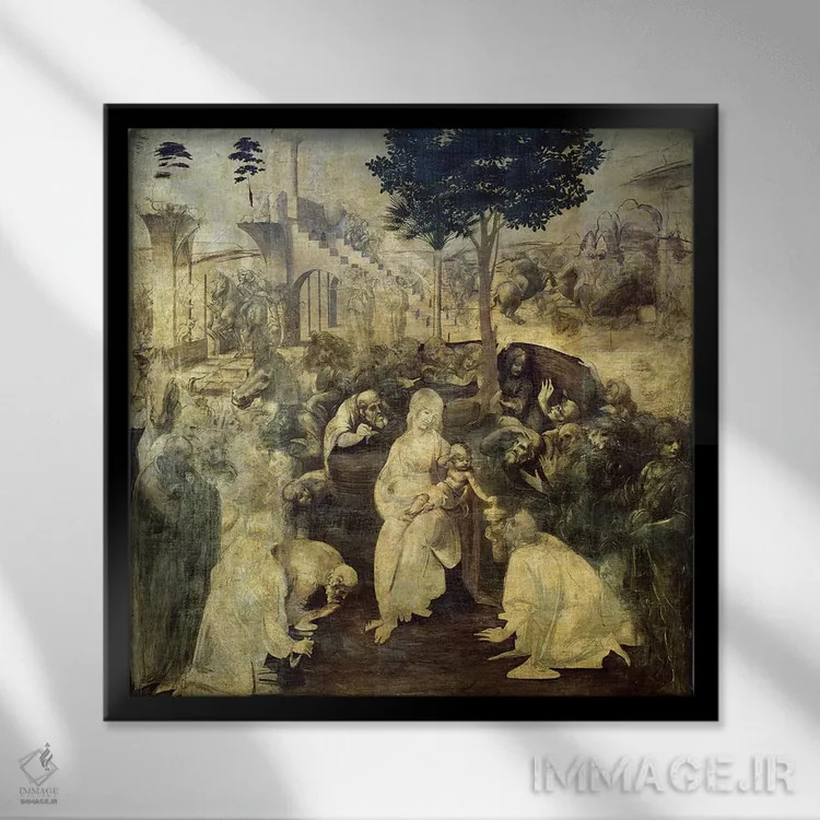 تابلو ستایش سه مجوس، ۱۴۸۱-۱۴۸۲ اثر لئوناردو داوینچی (نقاش و مخترع ایتالیایی) - نمای قابدار مشکی