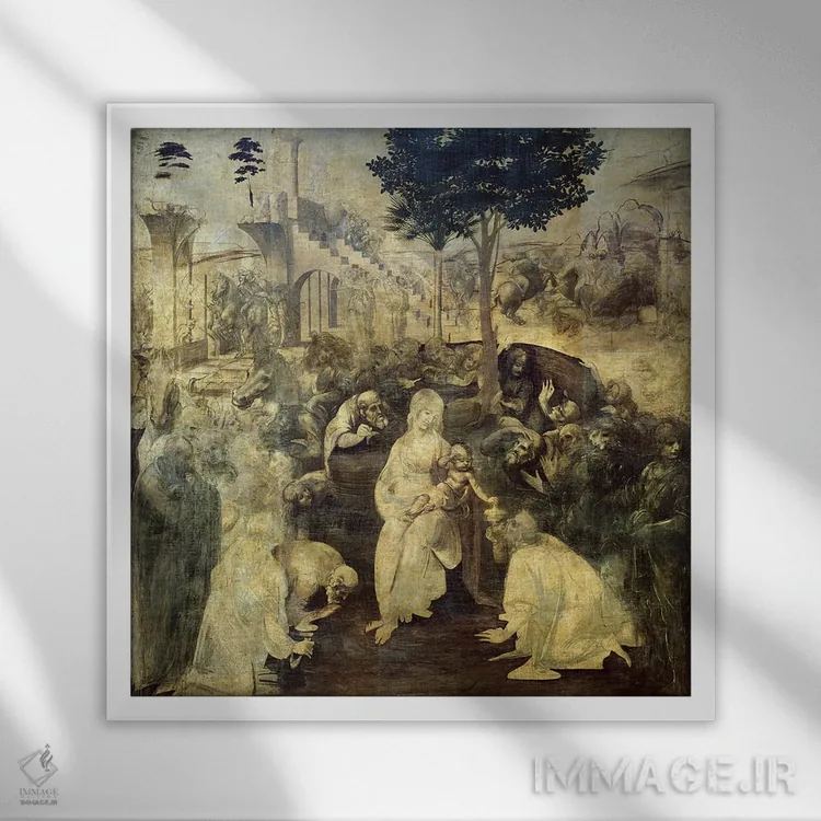 تابلو ستایش سه مجوس، ۱۴۸۱-۱۴۸۲ اثر لئوناردو داوینچی (نقاش و مخترع ایتالیایی) - نمای قابدار سفید