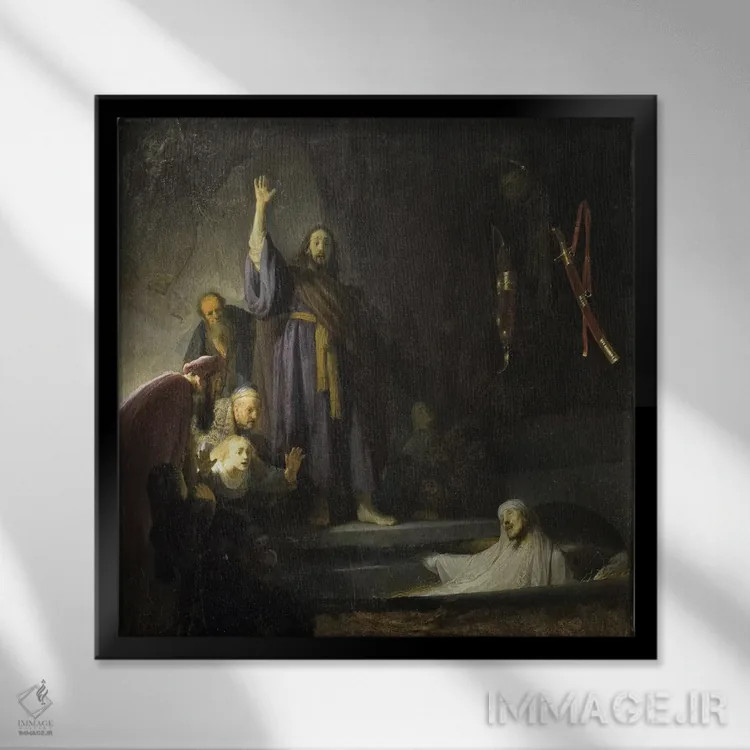 تابلو برخیزاندن لازاروس، حدود ۱۶۳۰-۱۶۳۲ اثر رمبرانت فان رَین (نقاش بزرگ هلندی) - نمای قابدار مشکی