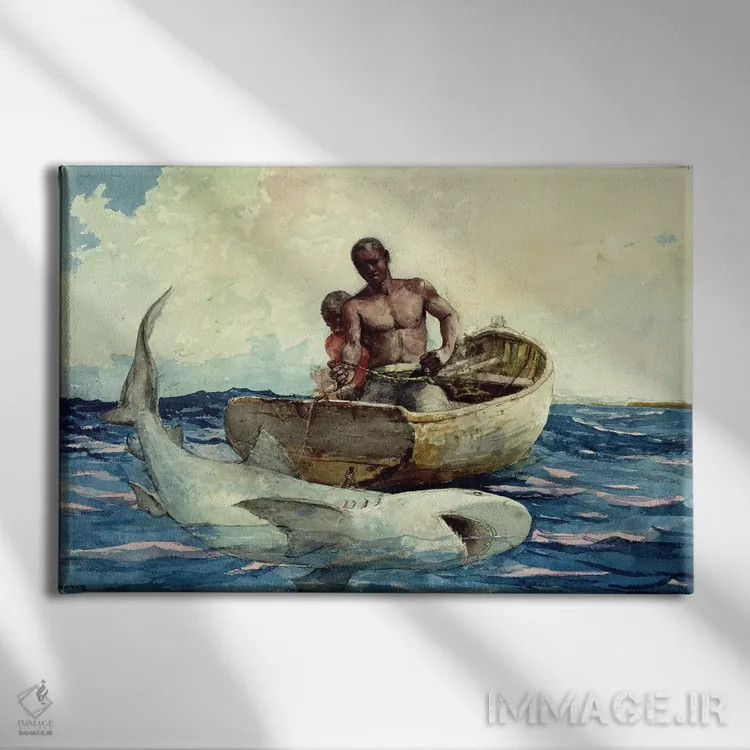 تابلو ماهیگیری کوسه، ۱۸۸۵ اثر وینسلو هومر - نمای روبهرو روی دیوار