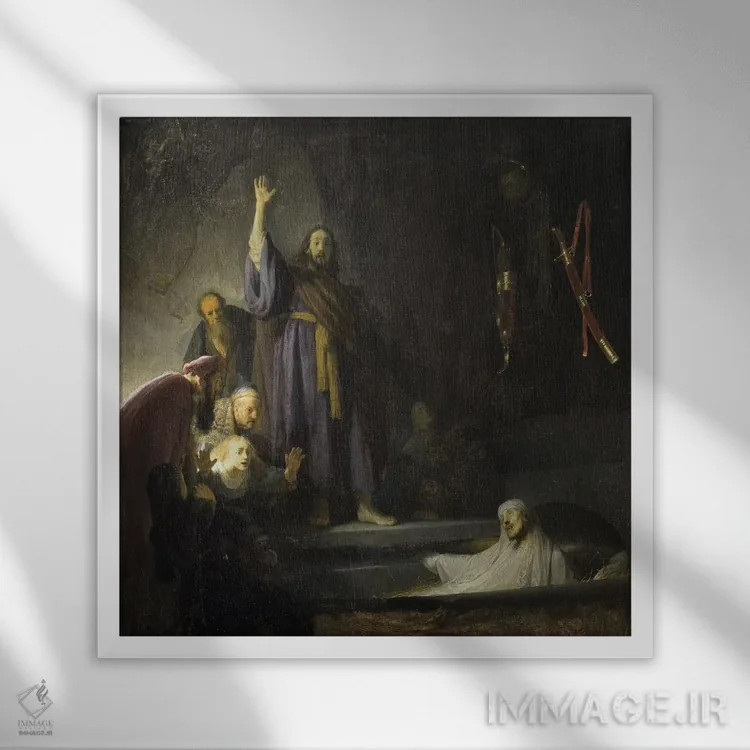 تابلو برخیزاندن لازاروس، حدود ۱۶۳۰-۱۶۳۲ اثر رمبرانت فان رَین (نقاش بزرگ هلندی) - نمای قابدار سفید