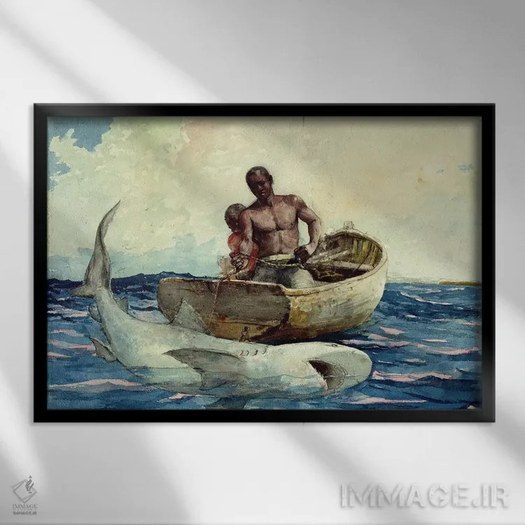 تابلو ماهیگیری کوسه، ۱۸۸۵ اثر وینسلو هومر - نمای قابدار مشکی