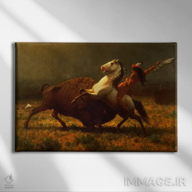 تابلو مطالعه فیگوراتیو، آخرین گاومیشها، حدود ۱۸۸۸ اثر آلبرت بیرشتات (نقاش منظره آمریکایی) - نمای روبهرو روی دیوار