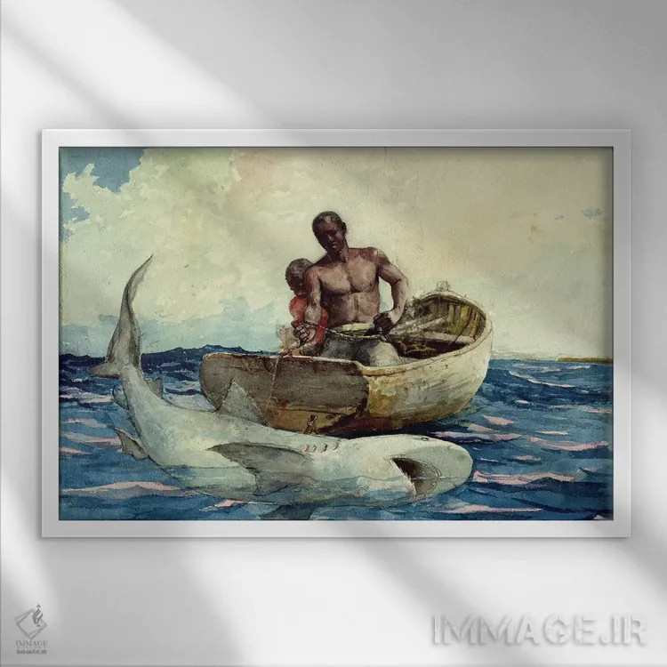 تابلو ماهیگیری کوسه، ۱۸۸۵ اثر وینسلو هومر - نمای قابدار سفید