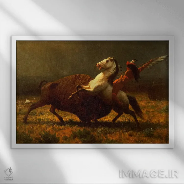 تابلو مطالعه فیگوراتیو، آخرین گاومیشها، حدود ۱۸۸۸ اثر آلبرت بیرشتات (نقاش منظره آمریکایی) - نمای قابدار سفید