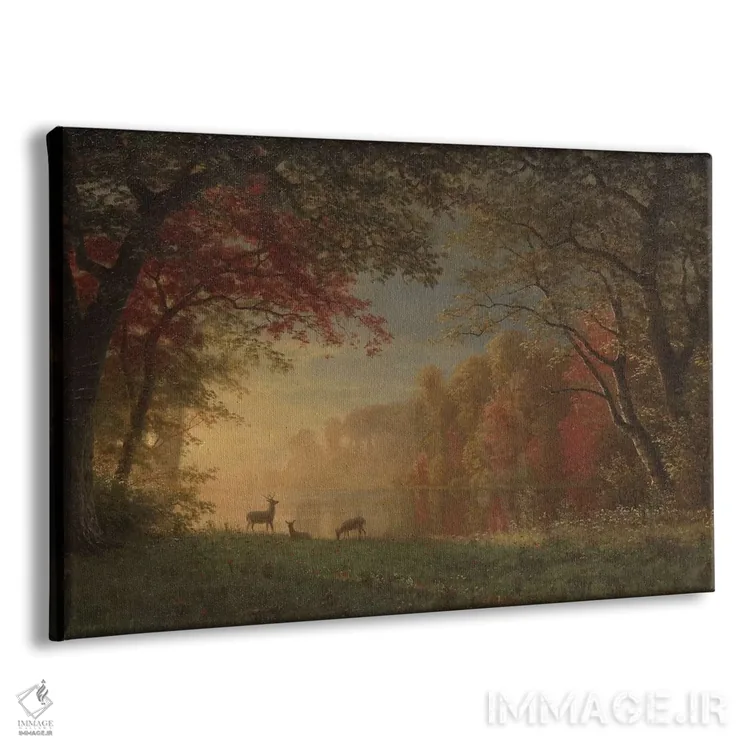 تابلو غروب هندی: گوزن کنار دریاچه، حدود ۱۸۸۰-۱۸۹۰ اثر آلبرت بیرشتات (نقاش منظره آمریکایی) - نمای پرسپکتیو محصول