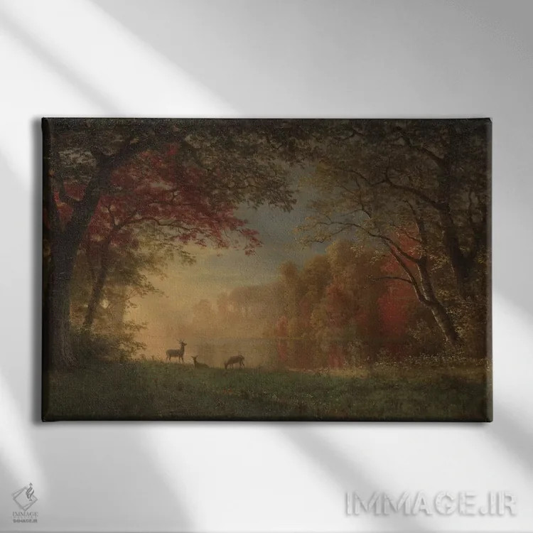 تابلو غروب هندی: گوزن کنار دریاچه، حدود ۱۸۸۰-۱۸۹۰ اثر آلبرت بیرشتات (نقاش منظره آمریکایی) - نمای روبهرو روی دیوار