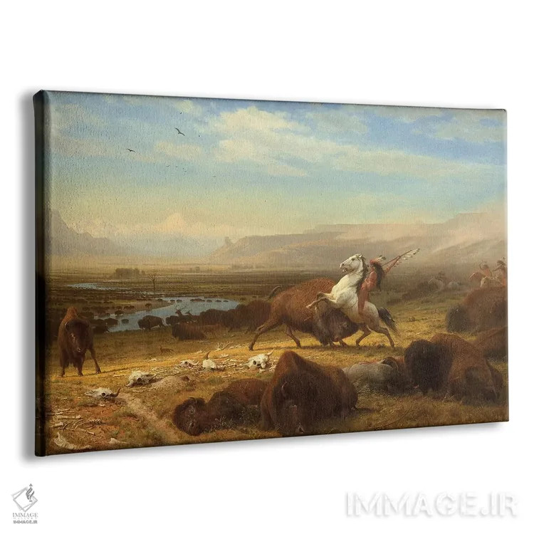 تابلو آخرین گاومیشها، حدود ۱۸۸۸ اثر آلبرت بیرشتات (نقاش منظره آمریکایی) - نمای پرسپکتیو محصول