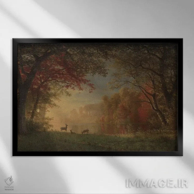 تابلو غروب هندی: گوزن کنار دریاچه، حدود ۱۸۸۰-۱۸۹۰ اثر آلبرت بیرشتات (نقاش منظره آمریکایی) - نمای قابدار مشکی