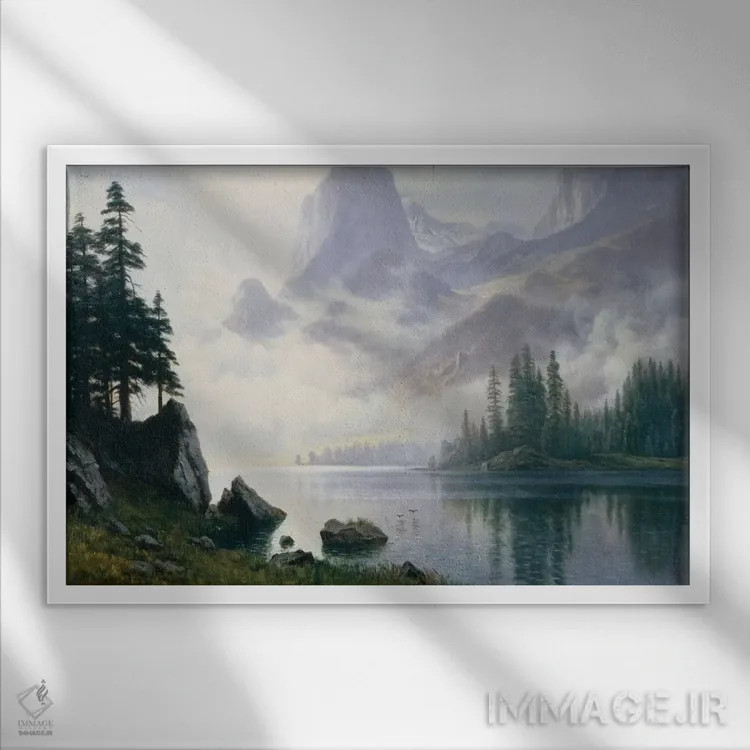 تابلو کوه بیرون آمده از مه اثر آلبرت بیرشتات (نقاش منظره آمریکایی) - نمای قابدار سفید