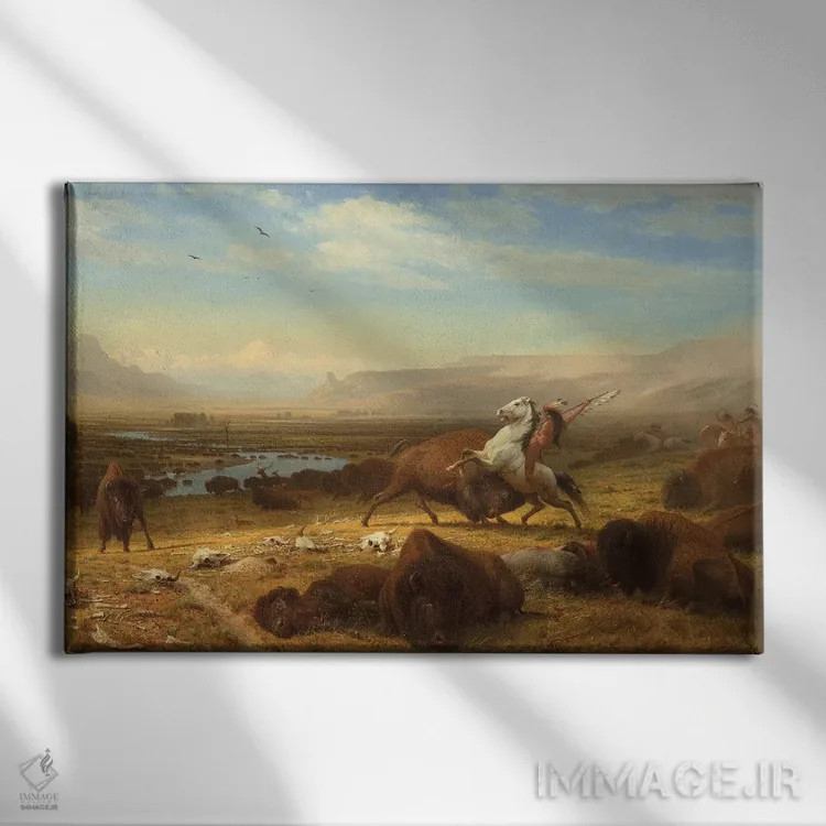 تابلو آخرین گاومیشها، حدود ۱۸۸۸ اثر آلبرت بیرشتات (نقاش منظره آمریکایی) - نمای روبهرو روی دیوار