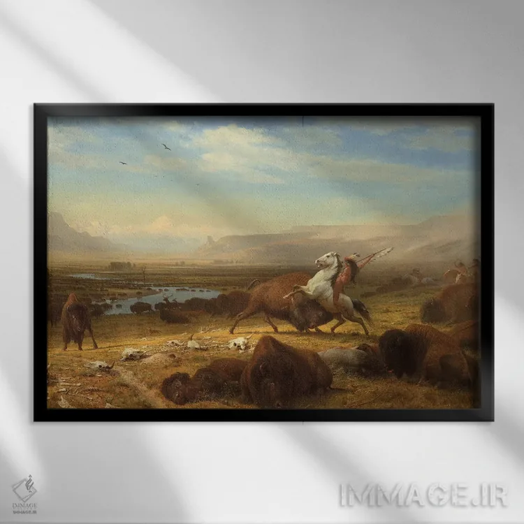 تابلو آخرین گاومیشها، حدود ۱۸۸۸ اثر آلبرت بیرشتات (نقاش منظره آمریکایی) - نمای قابدار مشکی