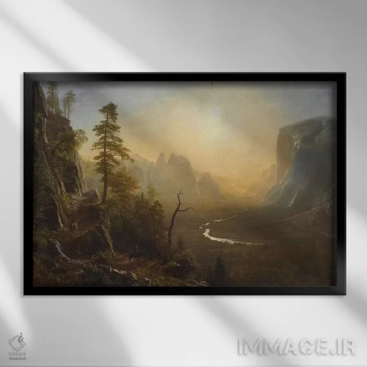 تابلو دره یوسیمیتی، مسیر گلیشر پوینت، حدود ۱۸۷۳ اثر آلبرت بیرشتات (نقاش منظره آمریکایی) - نمای قابدار مشکی