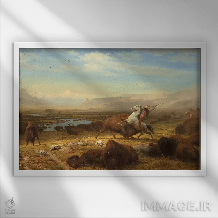 تابلو آخرین گاومیشها، حدود ۱۸۸۸ اثر آلبرت بیرشتات (نقاش منظره آمریکایی) - نمای قابدار سفید