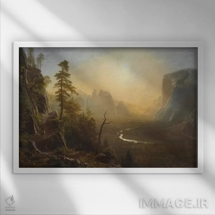 تابلو دره یوسیمیتی، مسیر گلیشر پوینت، حدود ۱۸۷۳ اثر آلبرت بیرشتات (نقاش منظره آمریکایی) - نمای قابدار سفید