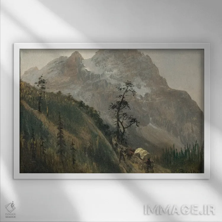 تابلو مسیر غربی، رشتهکوه راکی اثر آلبرت بیرشتات (نقاش منظره آمریکایی) - نمای قابدار سفید
