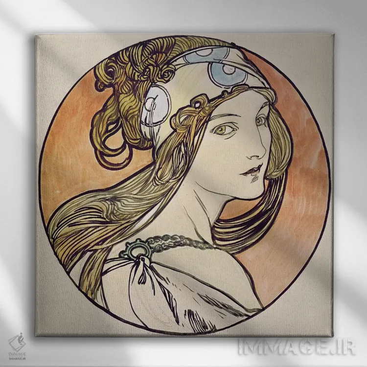 تابلو زن با روسری اثر آلفونس موخا (هنرمند آرت نووی چک) - نمای روبهرو روی دیوار