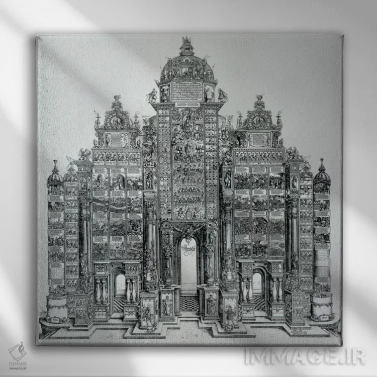 تابلو طاق پیروزی (طاق ماکسیمیلیان اول)، ۱۵۱۵ اثر آلبریشت دورر (نقاش آلمانی) - نمای روبهرو روی دیوار