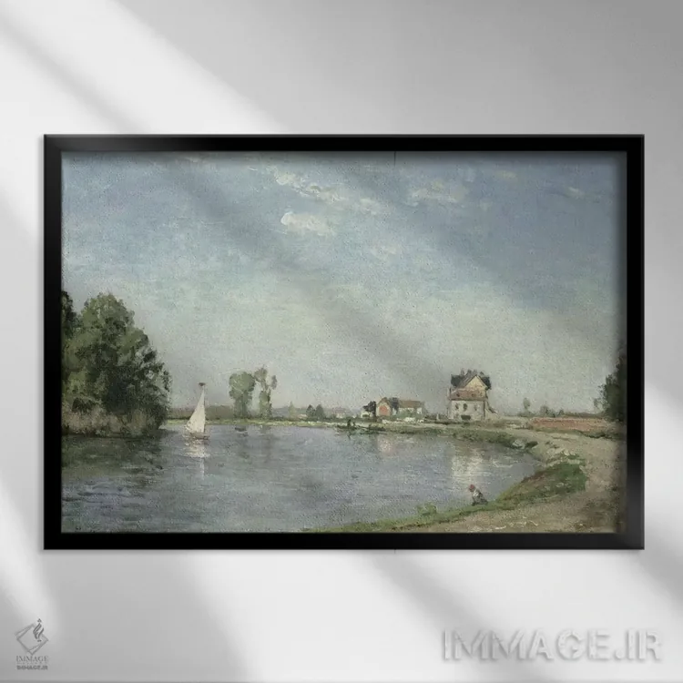 تابلو در کنار رودخانه، ۱۸۷۱ اثر کامی یِل پیسارو (نقاش فرانسوی امپرسیونیست) - نمای قابدار مشکی