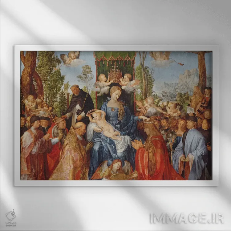 تابلو جشن تاج گل رز، ۱۵۰۶ اثر آلبریشت دورر (نقاش آلمانی) - نمای قابدار سفید