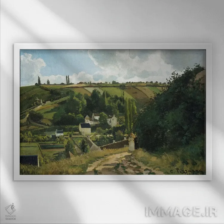 تابلو تپه ژاله در پونتواز، ۱۸۶۷ اثر کامی یِل پیسارو (نقاش فرانسوی امپرسیونیست) - نمای قابدار سفید