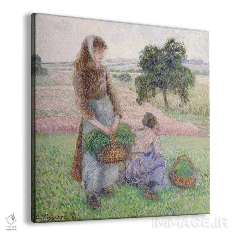 تابلو کشاورزان در حال حمل سبد، ۱۸۸۸ اثر کامی یِل پیسارو (نقاش فرانسوی امپرسیونیست) - نمای پرسپکتیو محصول