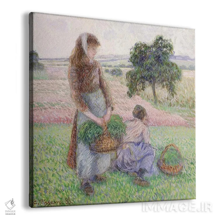 تابلو کشاورزان در حال حمل سبد، ۱۸۸۸ اثر کامی یِل پیسارو (نقاش فرانسوی امپرسیونیست) - نمای پرسپکتیو محصول
