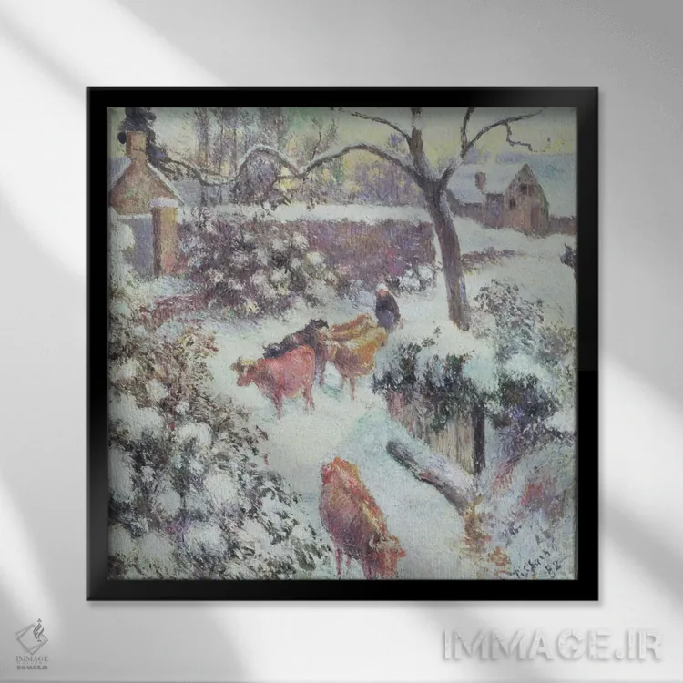 تابلو اثر برف در مونفوکو، ۱۸۸۲ اثر کامی یِل پیسارو (نقاش فرانسوی امپرسیونیست) - نمای قابدار مشکی