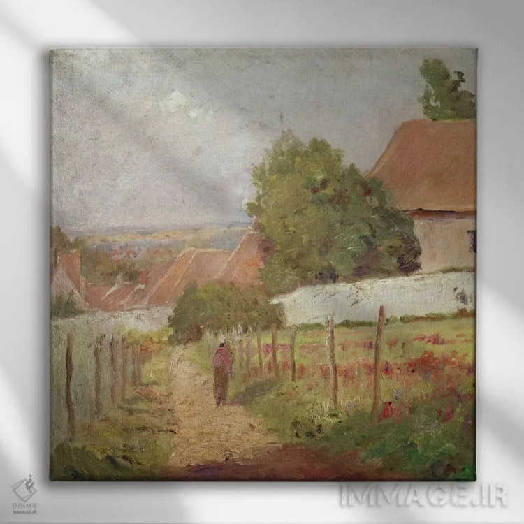 تابلو منظرهٔ ایل-دو-فرانس (فرانسه) اثر کامی یِل پیسارو (نقاش فرانسوی امپرسیونیست) - نمای روبهرو روی دیوار