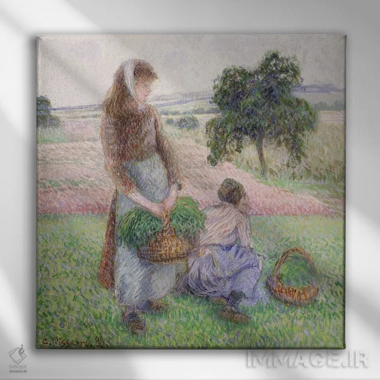 تابلو کشاورزان در حال حمل سبد، ۱۸۸۸ اثر کامی یِل پیسارو (نقاش فرانسوی امپرسیونیست) - نمای روبهرو روی دیوار