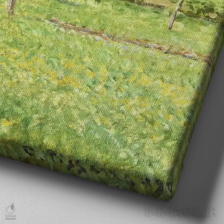 تابلو صبح، بهار، هوای ابری، اراگنی، ۱۹۰۰ اثر کامی یِل پیسارو (نقاش فرانسوی امپرسیونیست) - نمای نزدیک بافت بوم