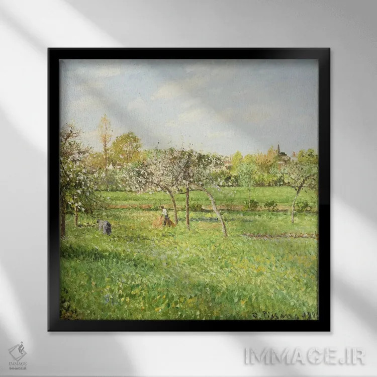 تابلو صبح، بهار، هوای ابری، اراگنی، ۱۹۰۰ اثر کامی یِل پیسارو (نقاش فرانسوی امپرسیونیست) - نمای قابدار مشکی