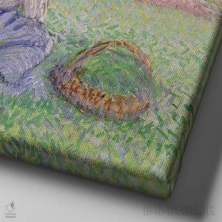 تابلو کشاورزان در حال حمل سبد، ۱۸۸۸ اثر کامی یِل پیسارو (نقاش فرانسوی امپرسیونیست) - نمای نزدیک بافت بوم