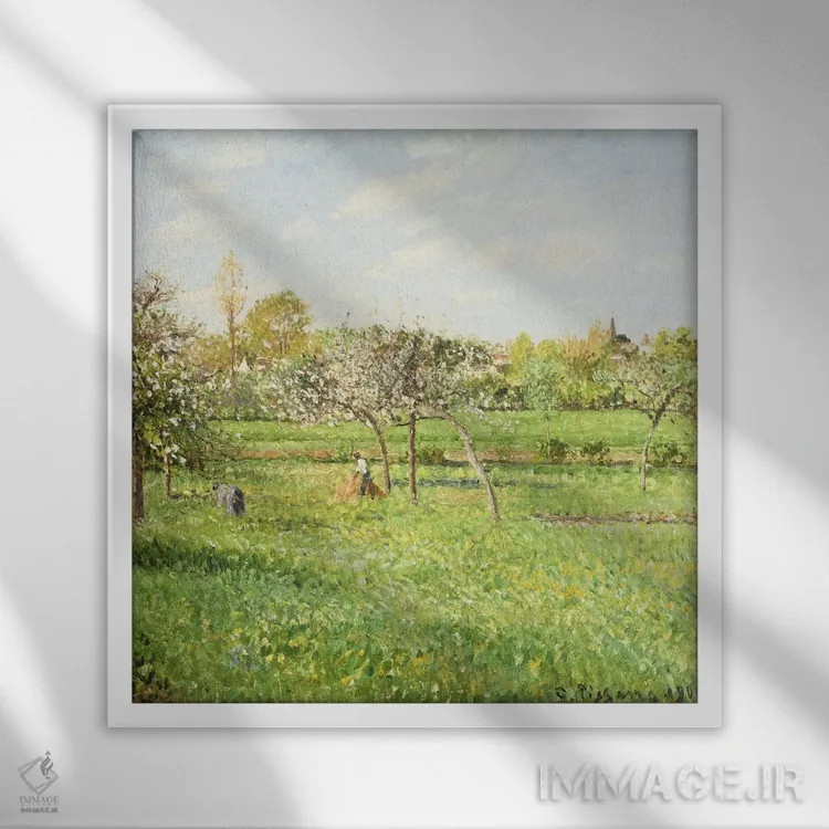 تابلو صبح، بهار، هوای ابری، اراگنی، ۱۹۰۰ اثر کامی یِل پیسارو (نقاش فرانسوی امپرسیونیست) - نمای قابدار سفید