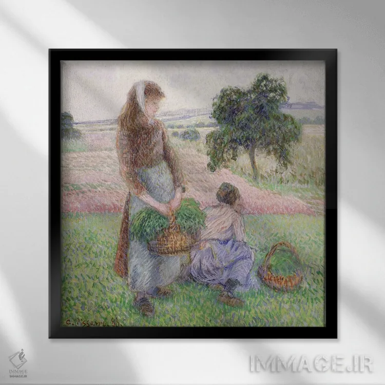 تابلو کشاورزان در حال حمل سبد، ۱۸۸۸ اثر کامی یِل پیسارو (نقاش فرانسوی امپرسیونیست) - نمای قابدار مشکی
