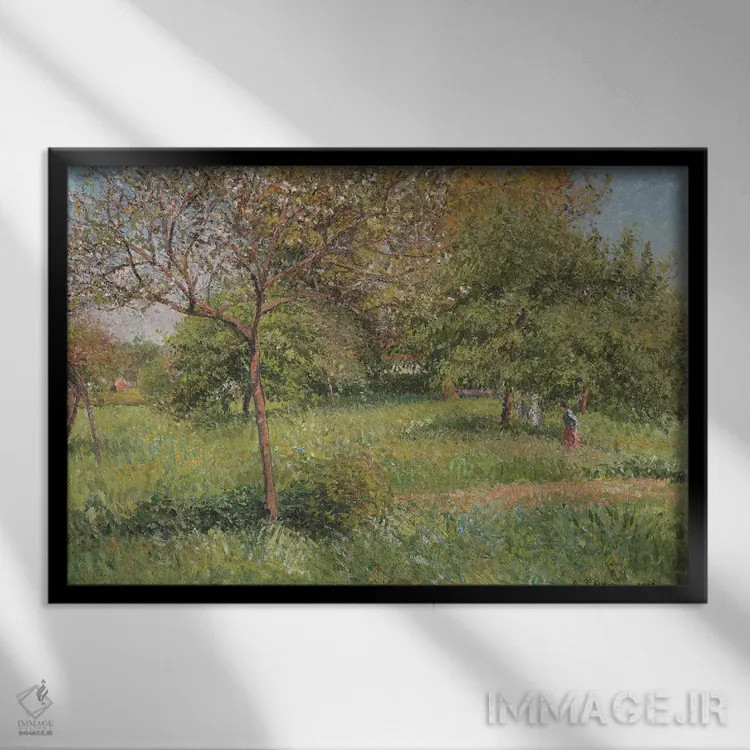 تابلو درخت بزرگ گردو، صبح، اراگنی، ۱۹۰۱ اثر کامی یِل پیسارو (نقاش فرانسوی امپرسیونیست) - نمای قابدار مشکی