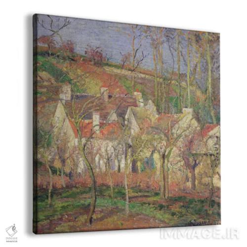 تابلو سقفهای قرمز (گوشهای از روستا)، زمستان، ۱۸۷۷ اثر کامی یِل پیسارو (نقاش فرانسوی امپرسیونیست) - نمای پرسپکتیو محصول