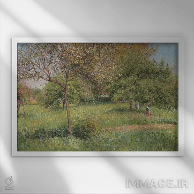 تابلو درخت بزرگ گردو، صبح، اراگنی، ۱۹۰۱ اثر کامی یِل پیسارو (نقاش فرانسوی امپرسیونیست) - نمای قابدار سفید