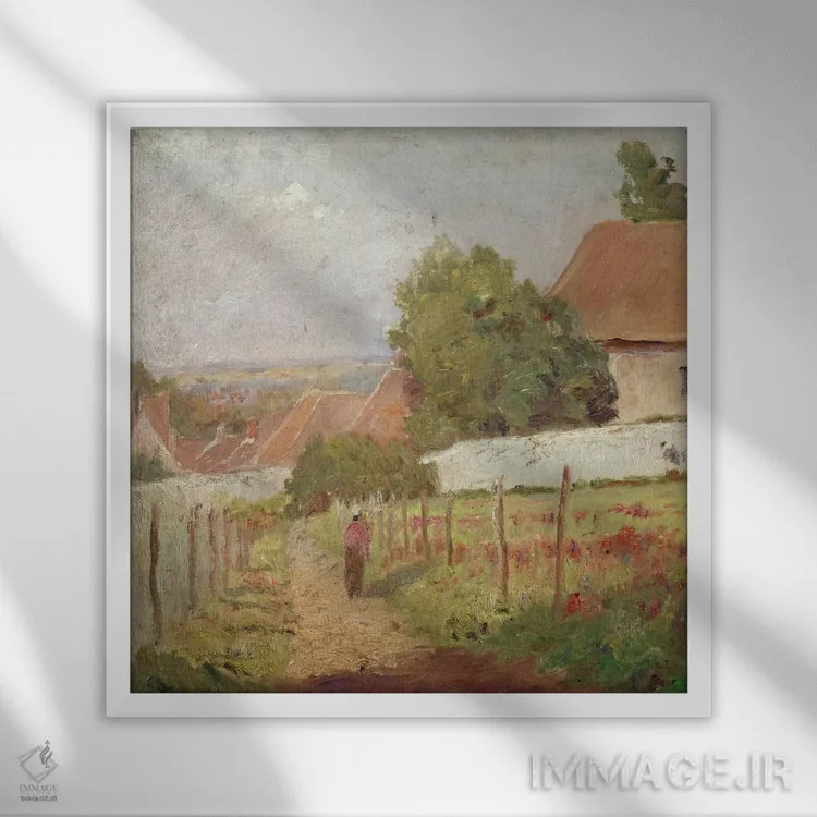 تابلو منظرهٔ ایل-دو-فرانس (فرانسه) اثر کامی یِل پیسارو (نقاش فرانسوی امپرسیونیست) - نمای قابدار سفید