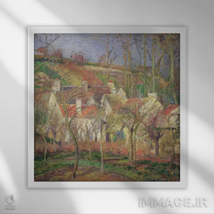 تابلو سقفهای قرمز (گوشهای از روستا)، زمستان، ۱۸۷۷ اثر کامی یِل پیسارو (نقاش فرانسوی امپرسیونیست) - نمای قابدار سفید