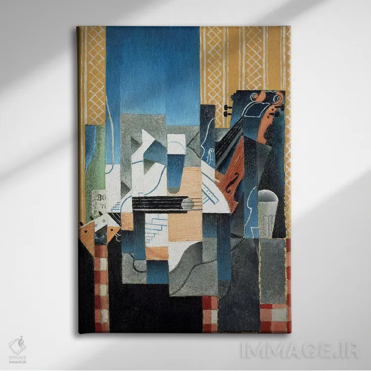 تابلو طبیعت بیجان با ویولن و گیتار، ۱۹۱۳ اثر خوان گрис (نقاش کوبیست اسپانیایی) - نمای روبهرو روی دیوار