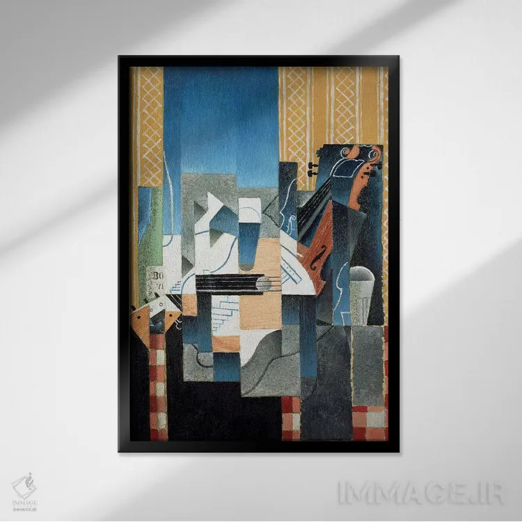 تابلو طبیعت بیجان با ویولن و گیتار، ۱۹۱۳ اثر خوان گрис (نقاش کوبیست اسپانیایی) - نمای قابدار مشکی