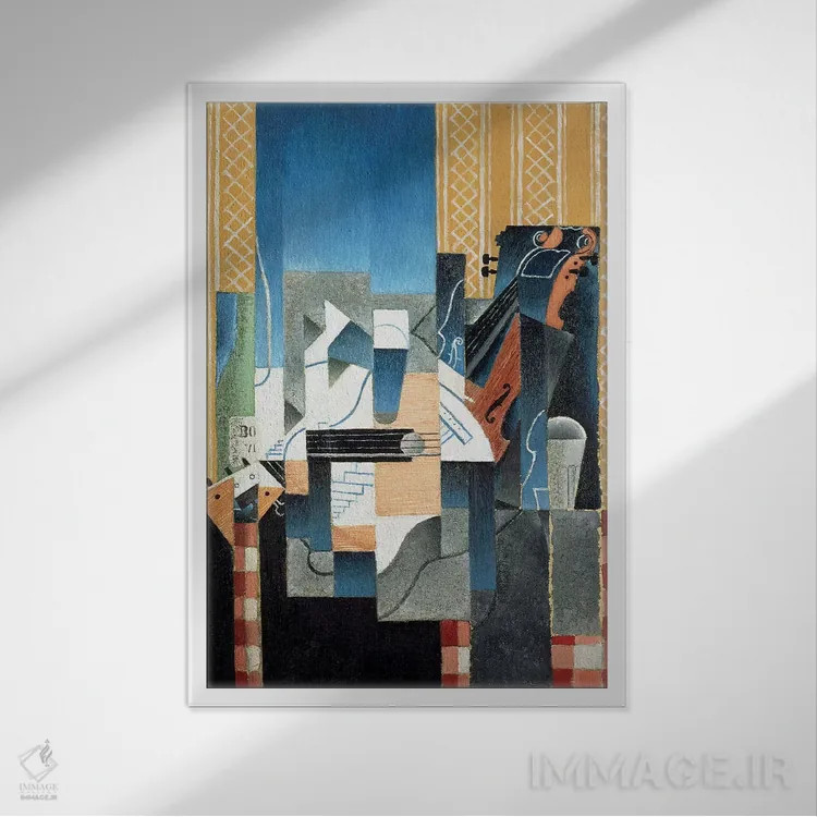 تابلو طبیعت بیجان با ویولن و گیتار، ۱۹۱۳ اثر خوان گрис (نقاش کوبیست اسپانیایی) - نمای قابدار سفید