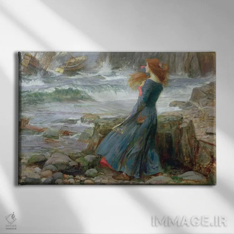 تابلو میراندا، ۱۹۱۶ اثر جان ویلیام واترهاوس (نقاش انگلیسی سبک پره-رافائلیت) - نمای روبهرو روی دیوار