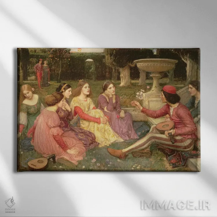 تابلو دکامرون، ۱۹۱۶ (ادبیات کلاسیک) اثر جان ویلیام واترهاوس (نقاش انگلیسی سبک پره-رافائلیت) - نمای روبهرو روی دیوار