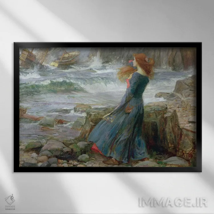 تابلو میراندا، ۱۹۱۶ اثر جان ویلیام واترهاوس (نقاش انگلیسی سبک پره-رافائلیت) - نمای قابدار مشکی