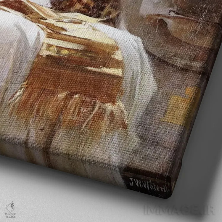 تابلو کلئوپاترا (حدود ۱۸۸۷) اثر جان ویلیام واترهاوس (نقاش انگلیسی سبک پره-رافائلیت) - نمای نزدیک بافت بوم